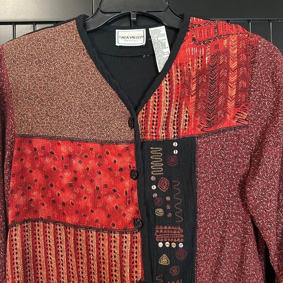 VTG Napa Valley Petites Womens Patchwork Jacket Large Red Black Boho Artsy Retro - Picture 2 of 6